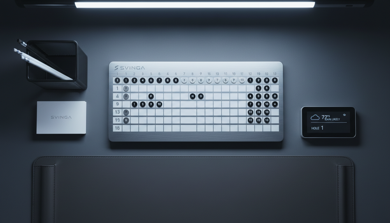 A luxurious, ultra-modern golf scorecard crafted from brushed aluminum and crisp white acrylic, featuring delicately etched rows and modular magnetic stat tokens arranged in a grid. This is placed atop a meticulously organized workspace — a soft leather desk pad underpins the scorecard, while a wireframe organizer and a subtle digital weather display complete the arrangement. Diffused cool-toned artificial lighting provides clear, even illumination, producing gentle reflections on metallic surfaces and softening the lines between objects. Framed in a balanced, bird’s eye composition with sharp detail throughout, the scene conveys a mood of businesslike efficiency, focus, and clean technological elegance, supporting the professionalism of the Svinga brand.