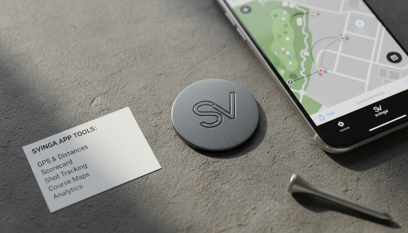 A sleek graphite golf ball marker, meticulously engraved with a minimalist Svinga app logo, placed beside a glossy smartphone displaying the app’s interactive map feature. Arranged on a matte concrete slab, accented by a metallic golf tee and a monochrome card listing essential app tools. Muted natural daylight enters from an unseen window, lending delicate highlights, faint reflections, and gentle shadows, amplifying the subtle textures. Captured from a close overhead viewpoint with precise focus on the logo’s craftsmanship. The atmosphere is refined, sophisticated, and professional, perfectly embodying the site’s structured, modern photographic aesthetic.