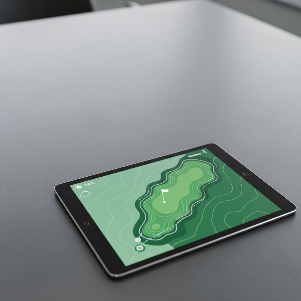 An elegant, modern golf course hole map shown on a tablet with a glass-smooth black bezel, illuminated against a slate-grey tabletop. The map displays vivid greens and subtle contour lines, punctuated with minimal iconography for weather and stat tracking. Overhead, diffuse office lighting casts even light with balanced highlights, gently illuminating the clean device edges and softly reflecting off the table. The composition is a rule-of-thirds arrangement with the tablet at the lower right, surrounded by negative space to enhance clarity. The mood is calm, organized, and deliberate; the photographic style is minimal and corporate, emphasizing clean lines and a distraction-free experience tailored to golf enthusiasts.